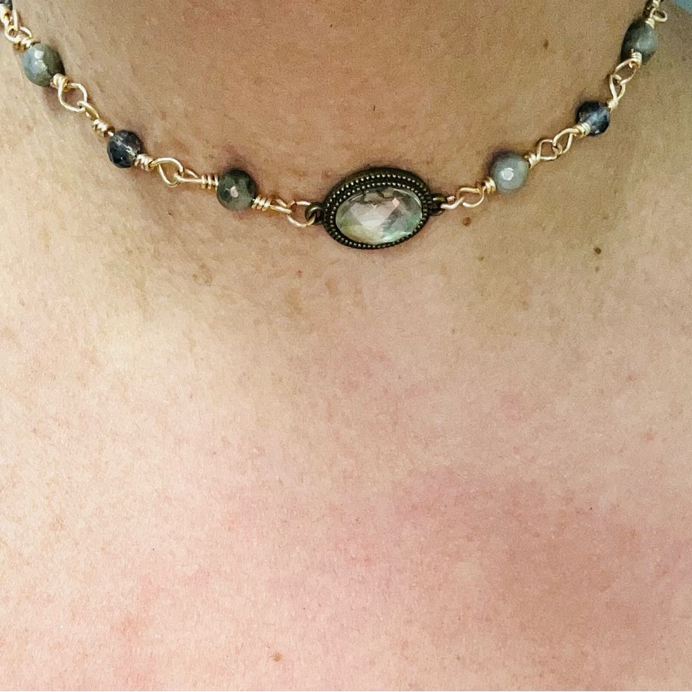 Artisan Made Elegant Gold and Blue Beaded Choker